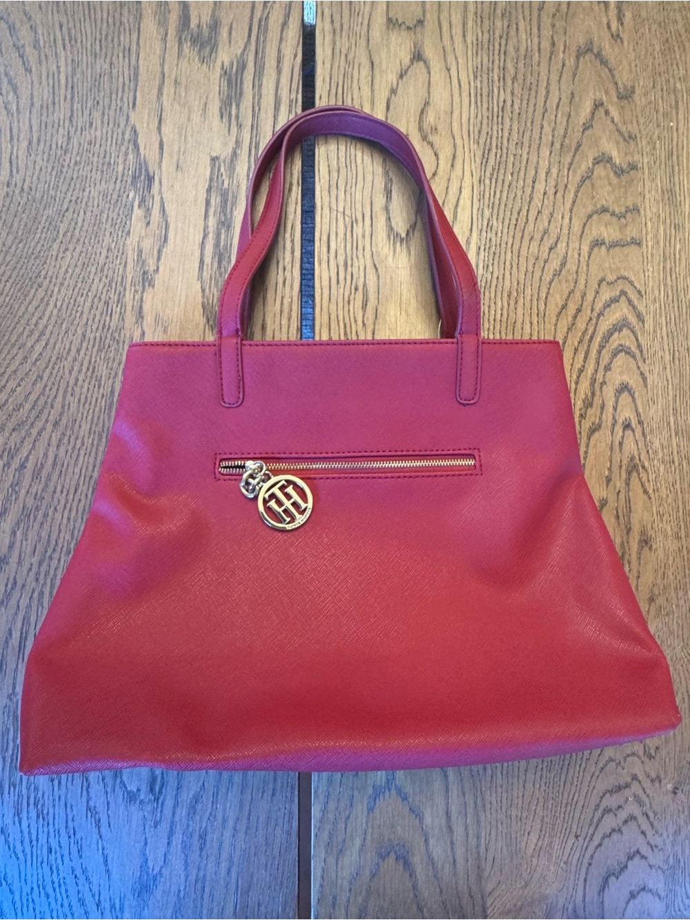 Tommy Hilfiger Red Purse Tote with Gold Charm classy Y2K middle Zip Compartment